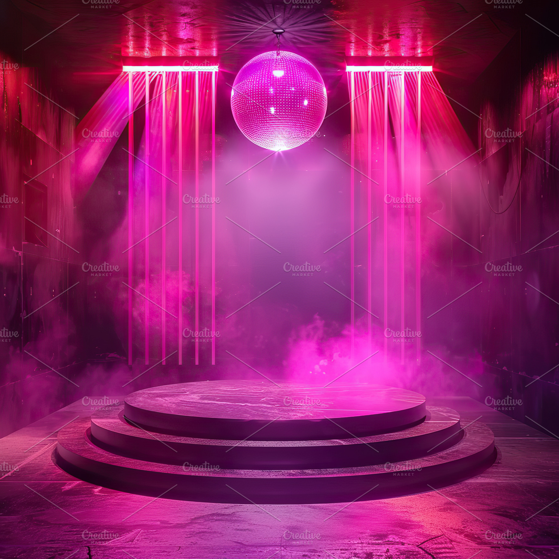 A vibrant, neon-lit stage with shiny, a Photo by LOGOCREATIVE