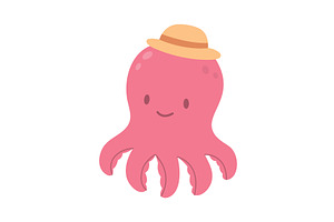 Pink cartoon octopus wearing yellow, an Animal Illustration by GraphiShop