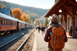 Traveler stops at scenic rural station surrounded by autumn colors and vintage, a Person Photo by AlyaAnd