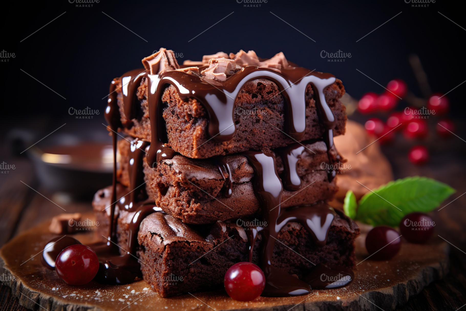 Chocolate brownie with currant berries on wooden background, a Food & Drink Photo by AlyaAnd