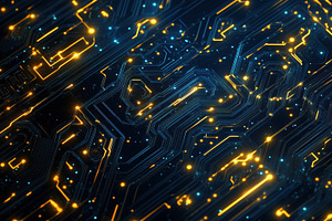 A close-up view of a digital circuit board with glowing lines and nodes, showca, an Industrial Photo by Textures & Backgrounds