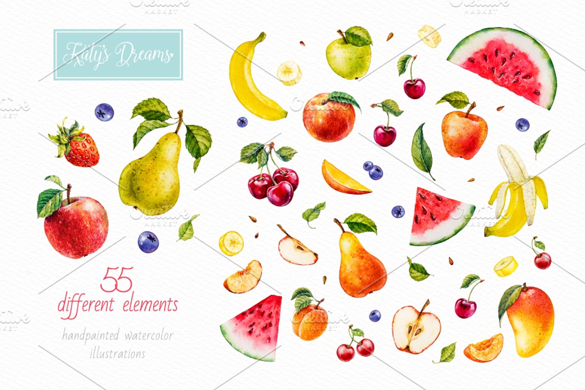 Fruits and berries. Watercolor., a Decorative Illustration by Ekaterina Mikheeva (Photo 2 of 6)