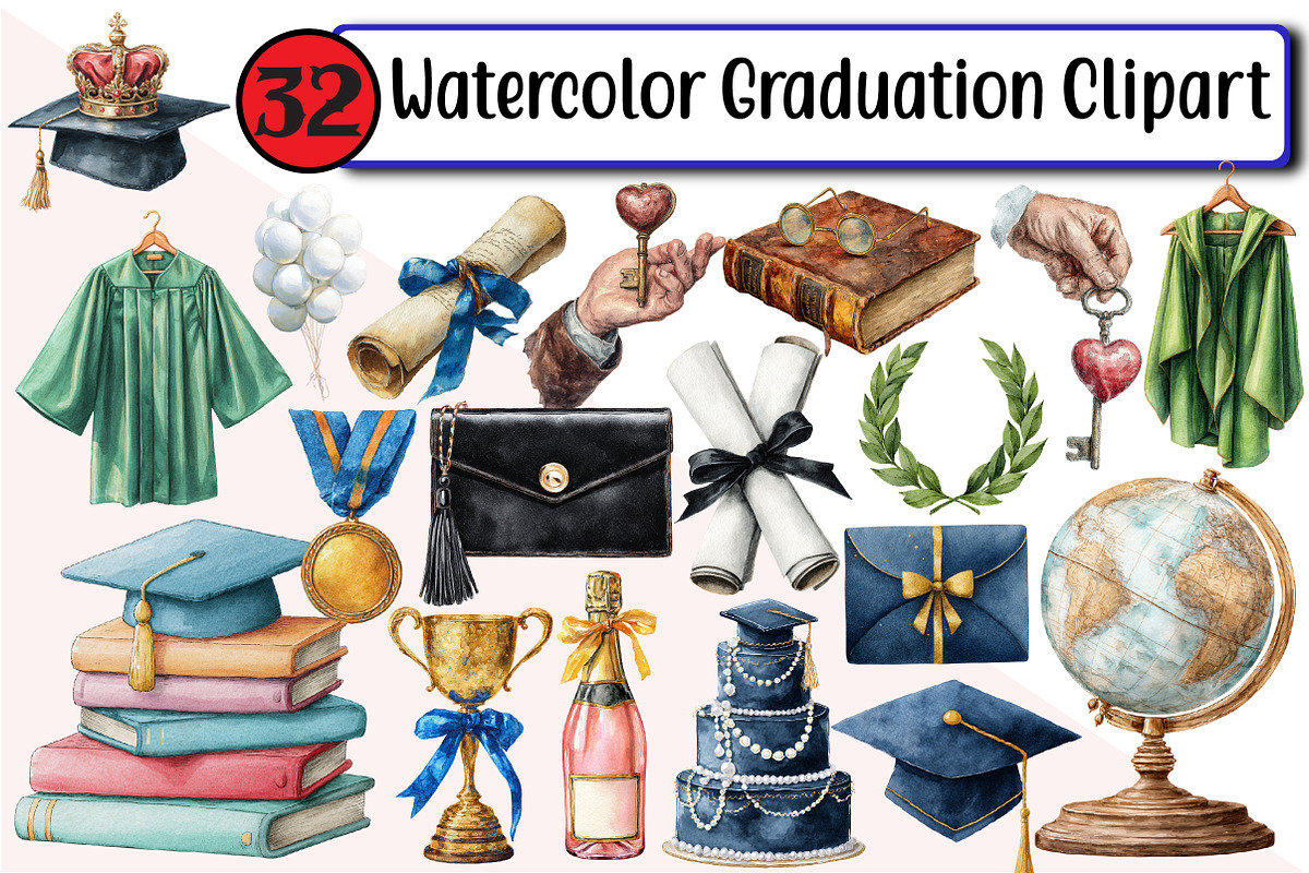 Watercolor Graduation Clipart, an Illustration by Design Market (Photo 1 of 3)