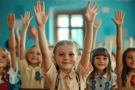 Children raising their hands, a Photo by Pavel_design