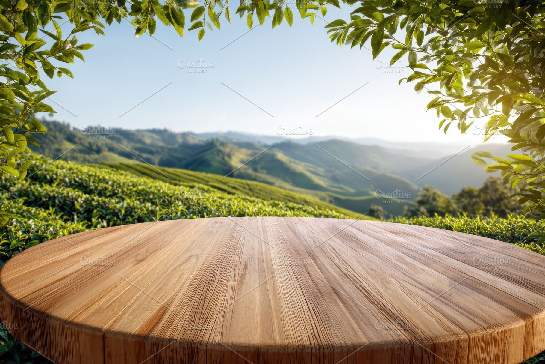 Wooden table overlooking lush green, a Photo by Pixeness Studio