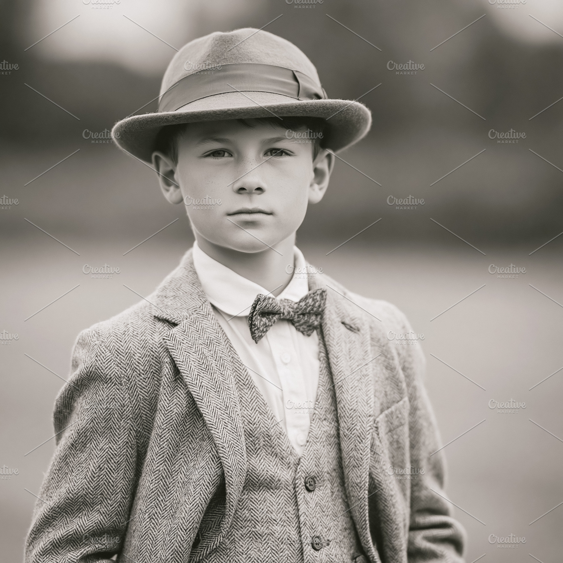 Young boy dressed in vintage tweed suit and fedora hat, portrayi, a Person Photo by Studio ANNA