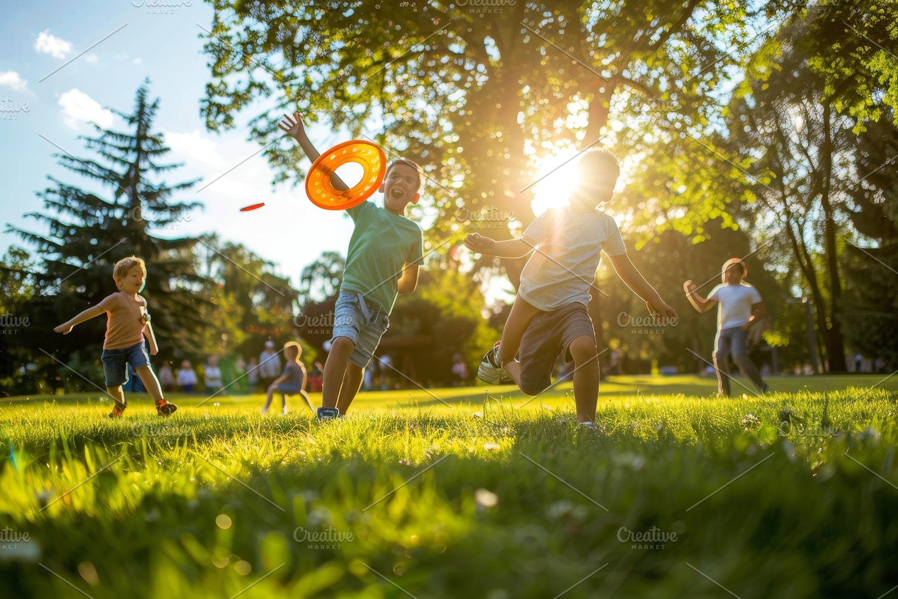 A group of children playfully chase, a Photo by Tanuart