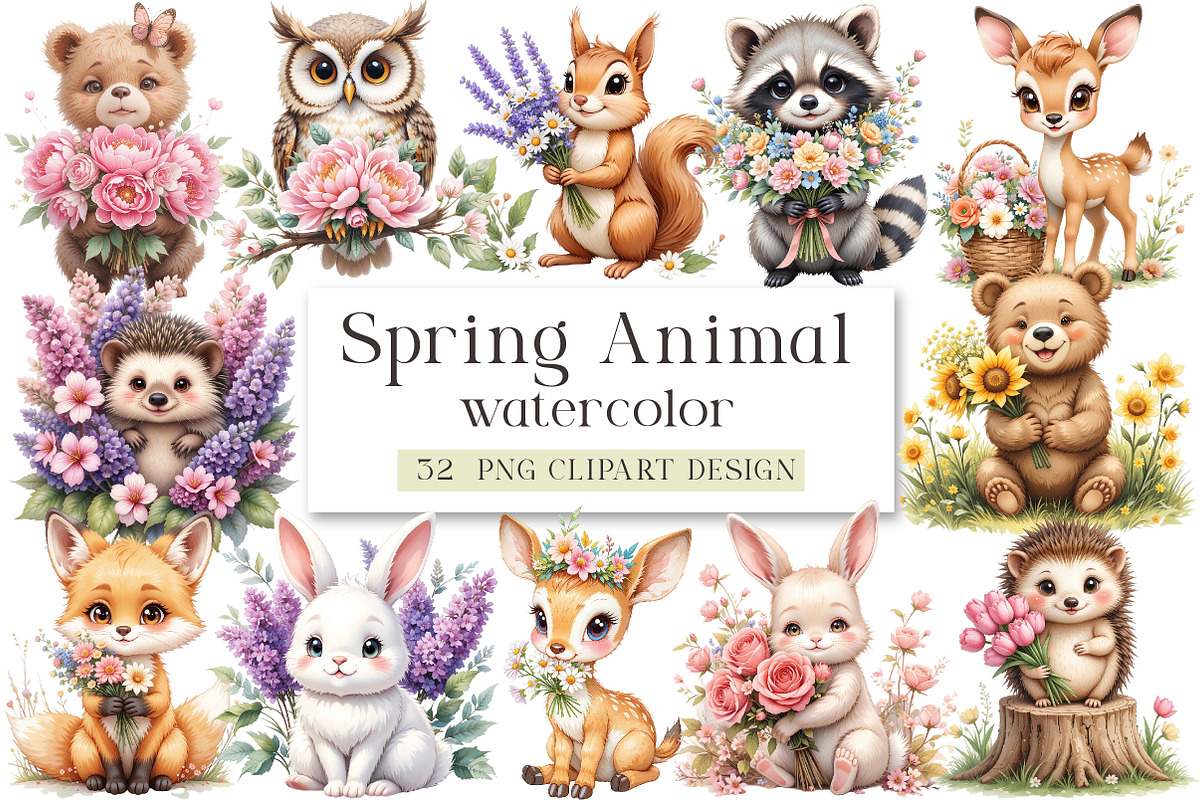 Spring Woodland Animal with Bouquet, a Seasonal Illustration by DreamArtGraphic (Photo 1 of 4)