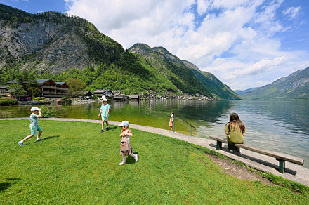 Mother with four children over Austrian alps lake in Hallstatt,, a Photo by AS photostudio