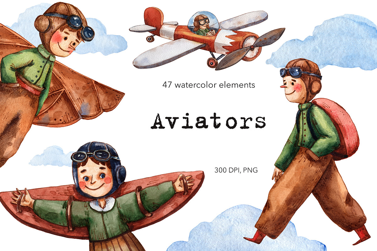 Aviators - Watercolor Clipart Set, a Texture Illustration by Mashamashastu (Photo 1 of 13)