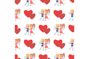 Boy Girl Couple Wings Back Seamless Pattern Heart