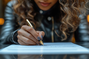Woman signing documents at a modern, a Photo by Tanuart