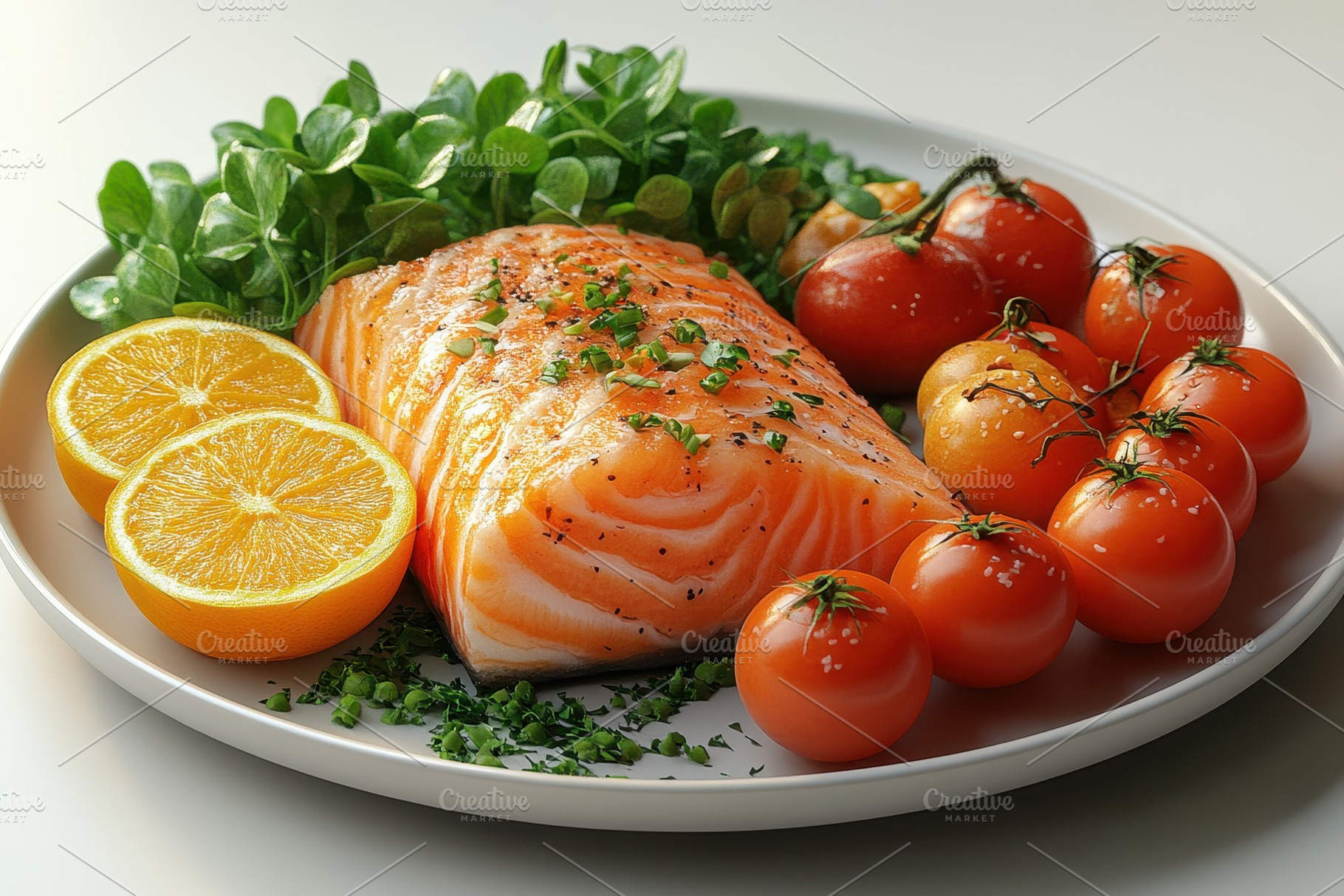 Fresh salmon fillet garnished with h, a Photo by Tanuart