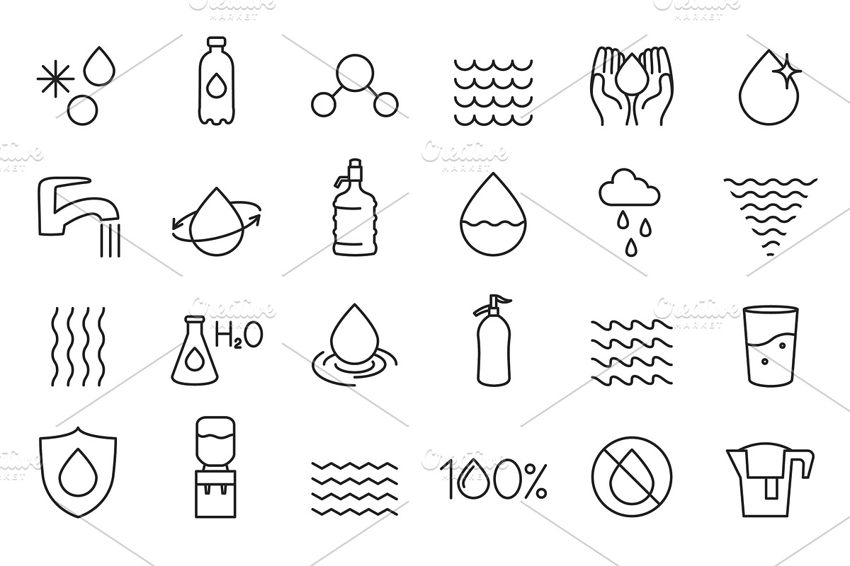 Water drops line icon set. Outline, an Object Illustration by winwin.art