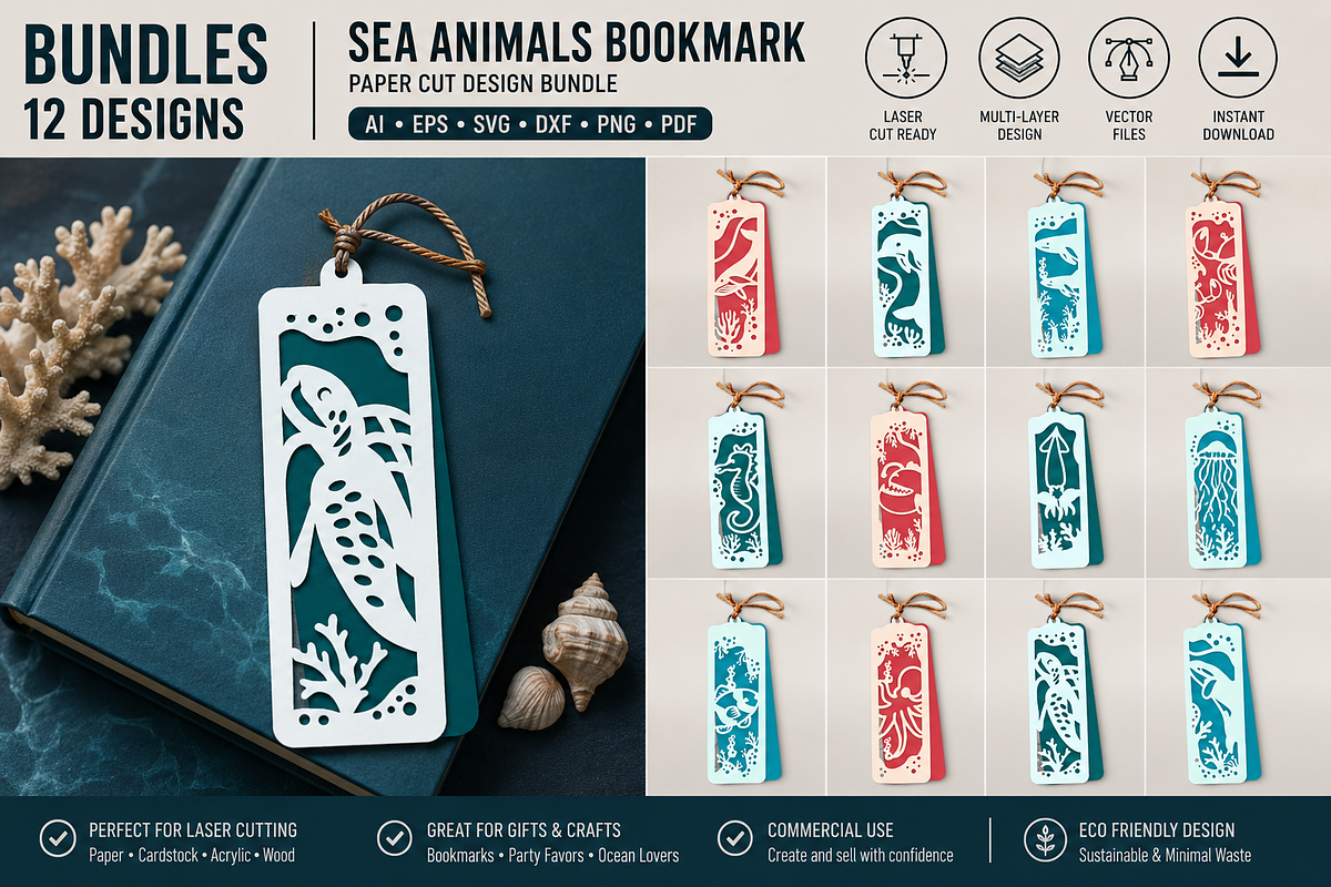 Sea Animals Bookmark Paper Cut, an Animal Illustration by OTVEY DESIGN (Photo 1 of 13)