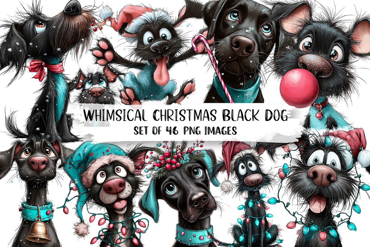 Whimsical Christmas Black Dog Clipar, an Illustration by DreamPrint404 (Photo 1 of 7)