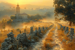 Golden sunrise lights a rural stone path leading to a small hill, a Nature Photo by José Manuel Gelpi
