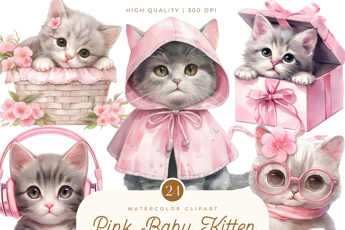 Watercolor Pink Baby Kitten Clipart, an Animal Illustration by SparkyDesignsUS (Photo 1 of 8)
