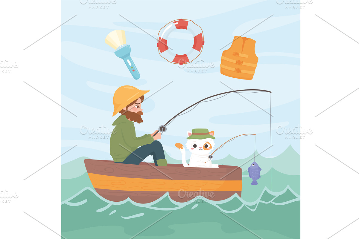 man cat fishing, a Person Illustration by studiogstock