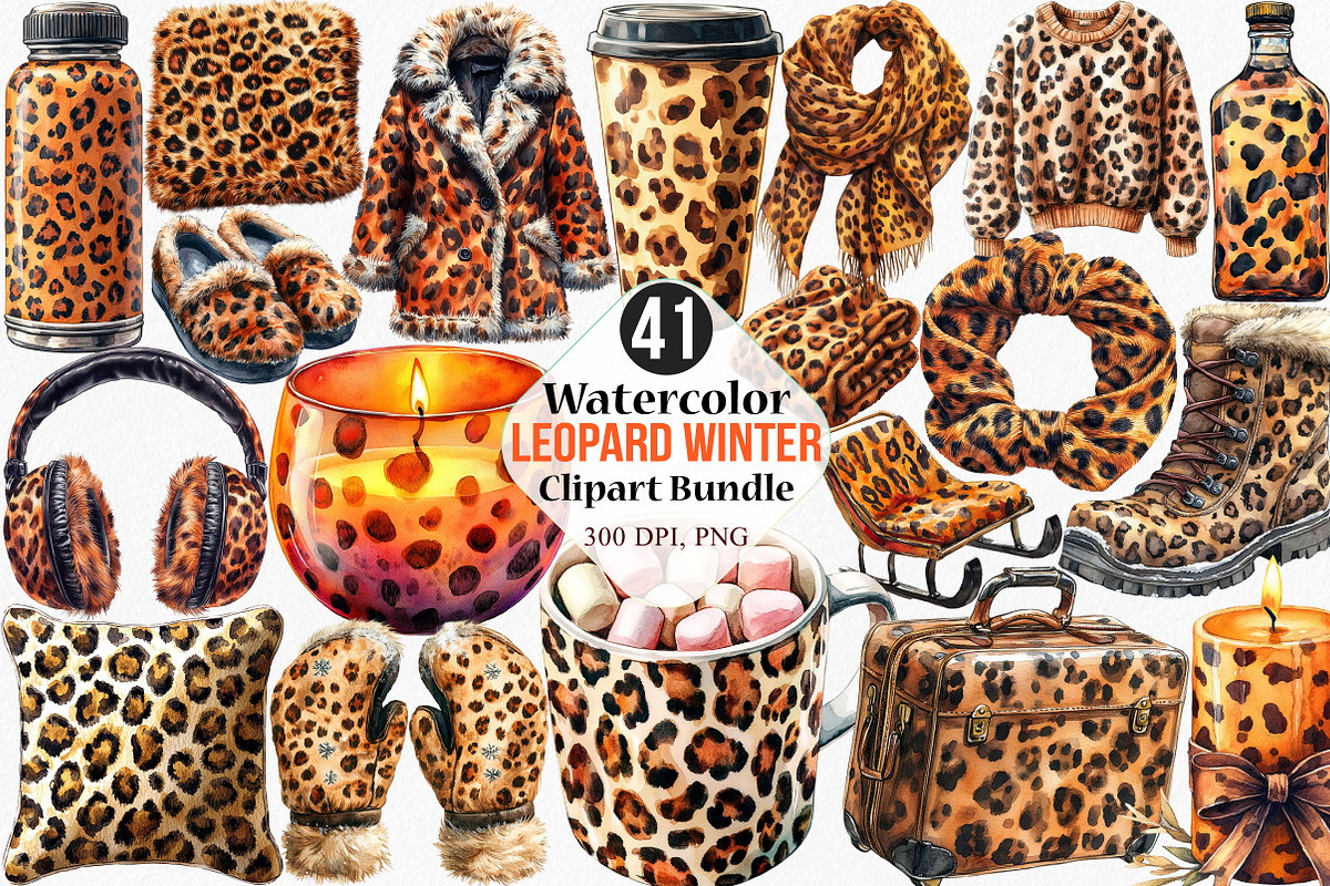 Watercolor Leopard Winter Clipart, an Illustration by Canvas Craft (Photo 1 of 8)