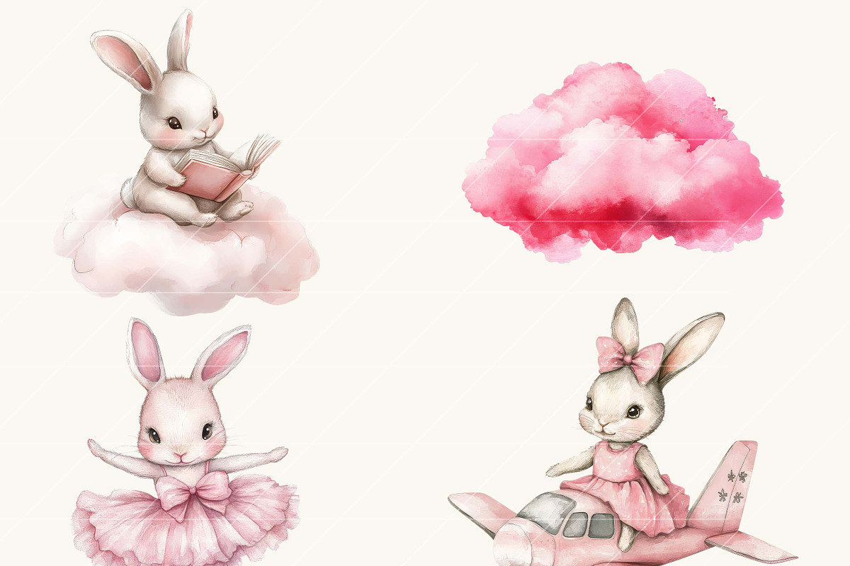 Watercolor Pink Bunny Clipart Bundle, an Animal Illustration by SparkyDesignsUS (Photo 5 of 8)