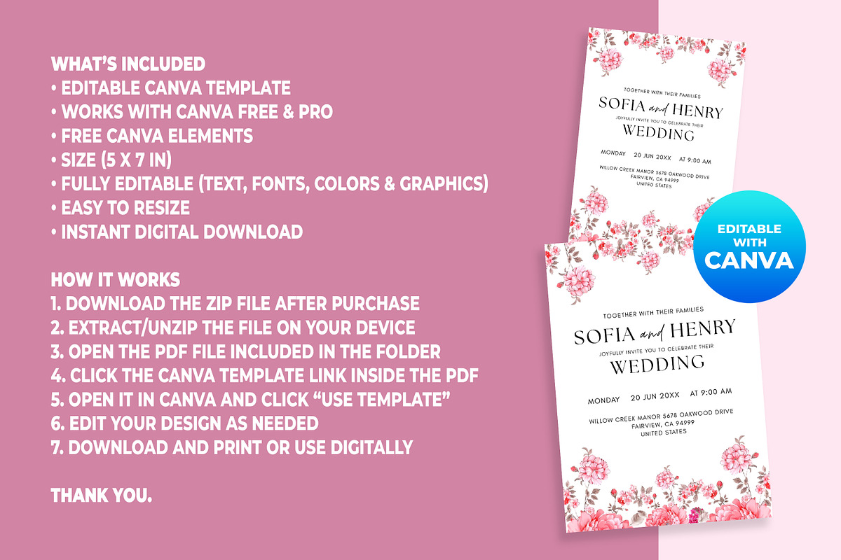 Pink Floral Wedding Invite Template, an Invitation Template by M9 Design (Photo 5 of 5)