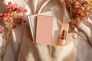Minimalist flat lay arrangement with a phone, notebook, and cosmetic in a cream, a Photo by AlyaAnd