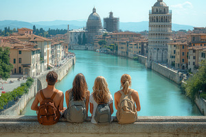 Group of friends enjoying a scenic v, a Photo by Tanuart