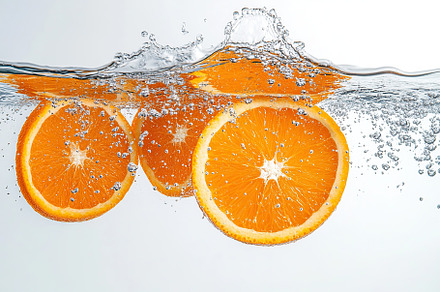 Sliced orange falling into water on white background, a Food & Drink Photo by AlyaAnd