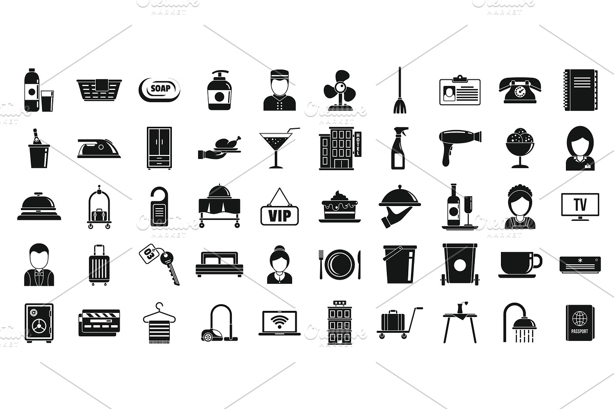 Hotel room service icons set, simple, an Object Illustration by Ylivdesign