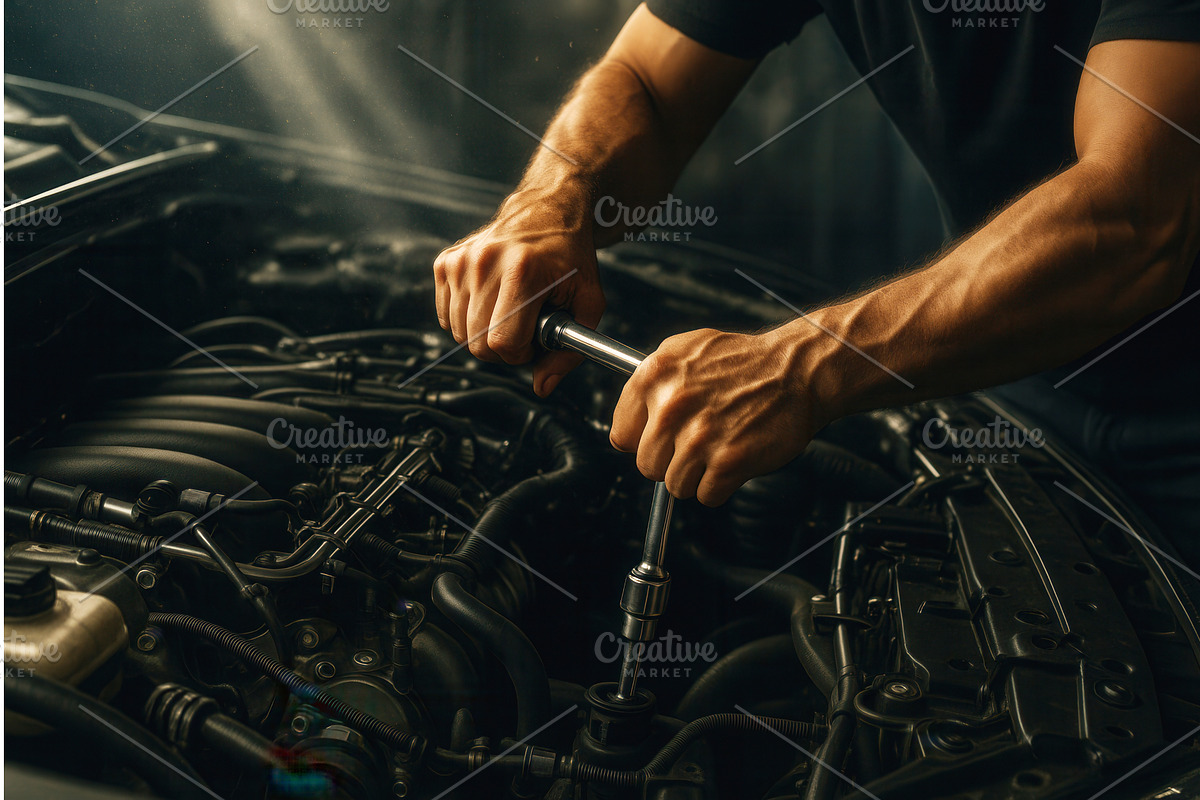 A mechanic using a wrench to work on, an Illustration by Sergey Kotenev