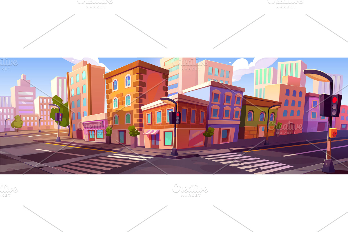City street with old houses, car, a Work Illustration by art PVP - market