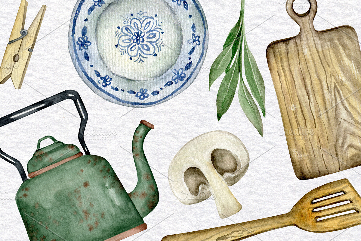 Rustic kitchen utensil Clipart, a Food Illustration by KathrineWatercolor (Photo 3 of 6)