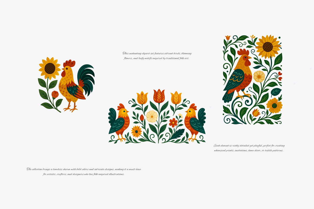 folk bird and floral clipart set, a Decorative Illustration by Patishop Art