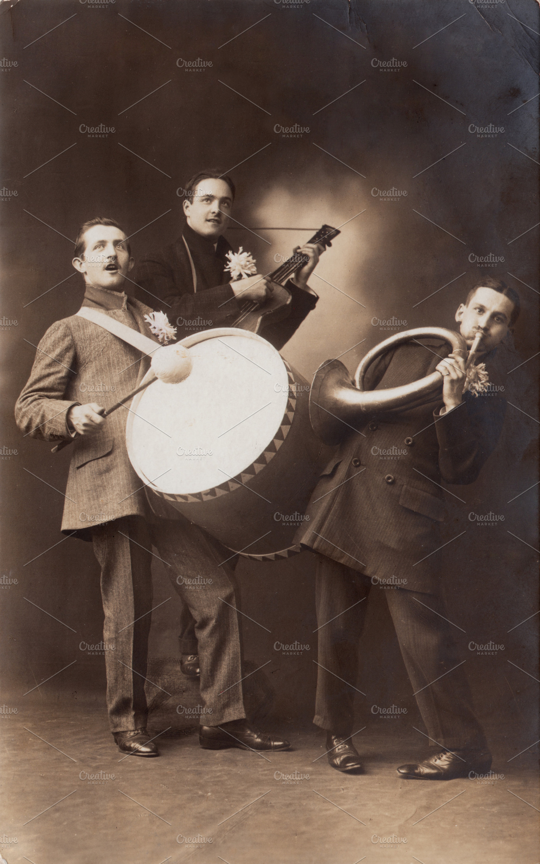 vintage greetings, three musicans, a Person Photo by Betty Nane