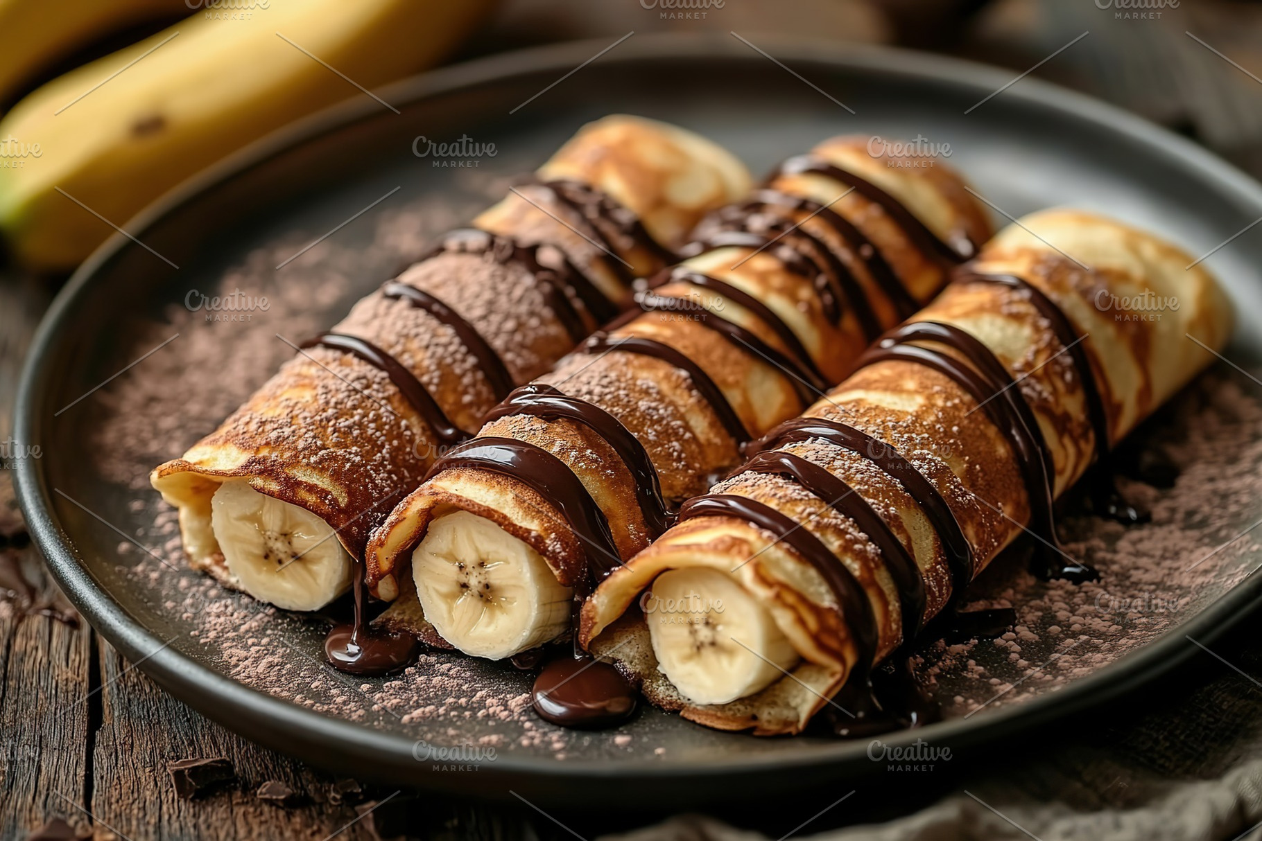 Delicious pancakes drizzled with melted chocolate and topped with fresh banana, a Food & Drink Photo by AlyaAnd