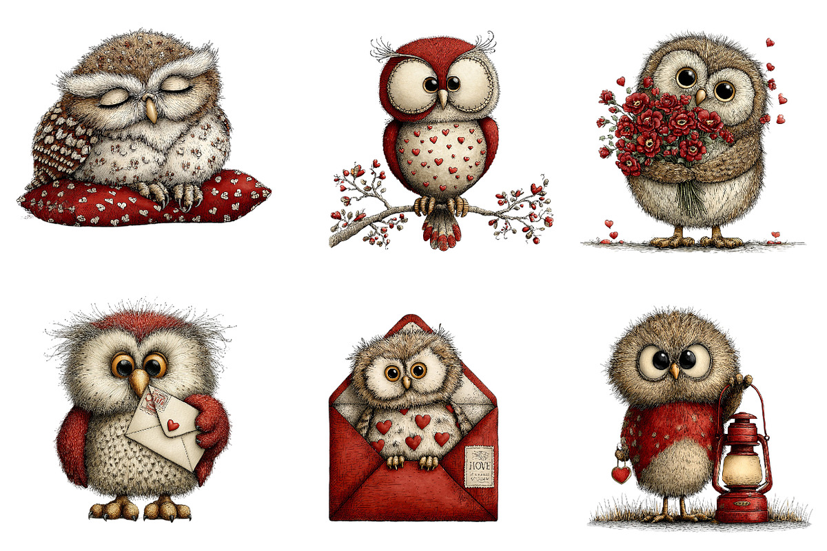 Whimsical Valentines Owls Clipart, an Illustration by CreationArt (Photo 2 of 5)