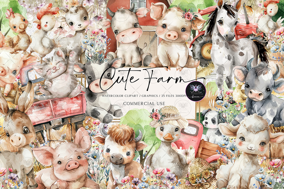 Farm Animals Watercolor Clipart, an Animal Illustration by BigCakeBee (Photo 1 of 4)