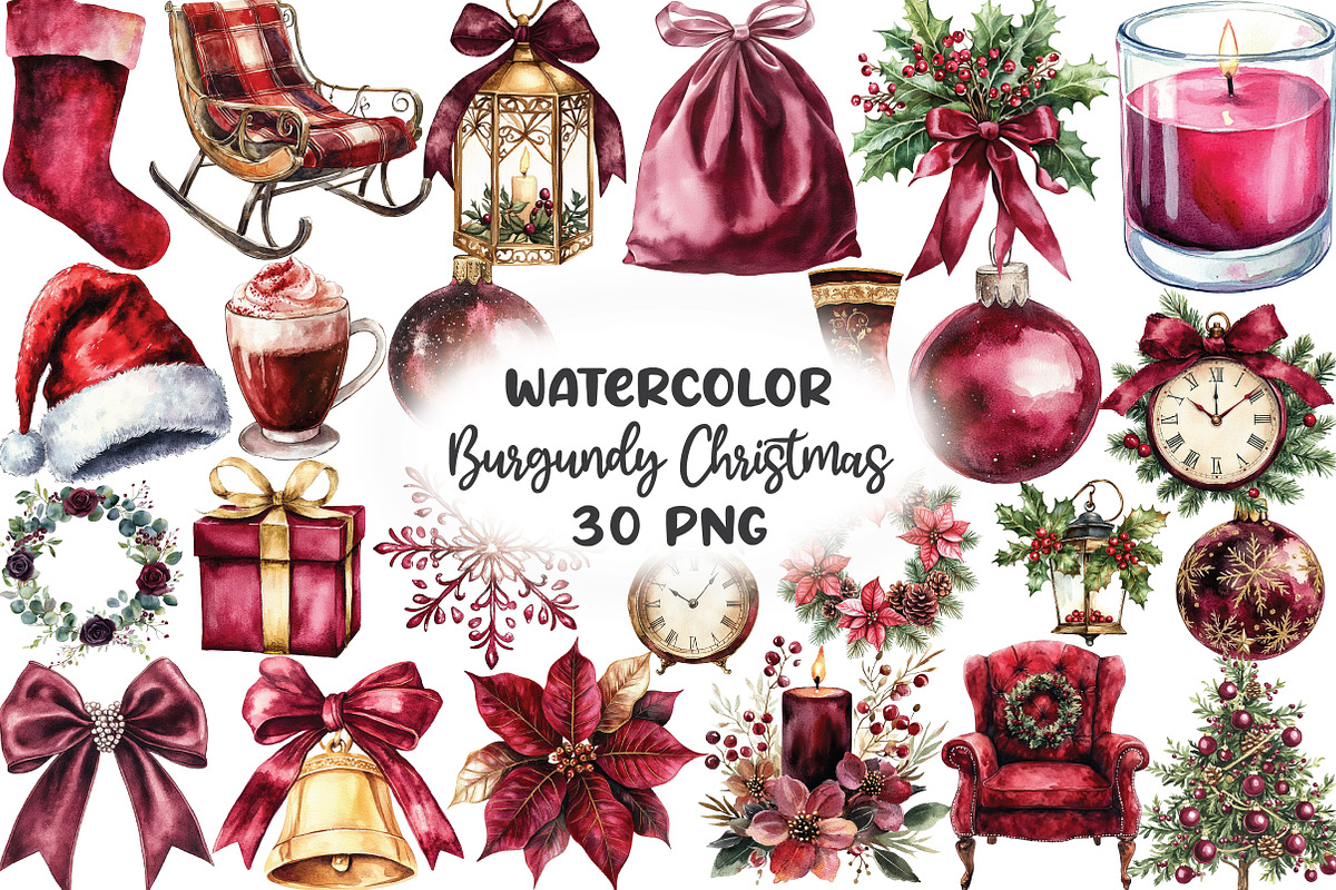 Elegant Burgundy Christmas Clipart, an Illustration by CraftArtStudio (Photo 1 of 6)