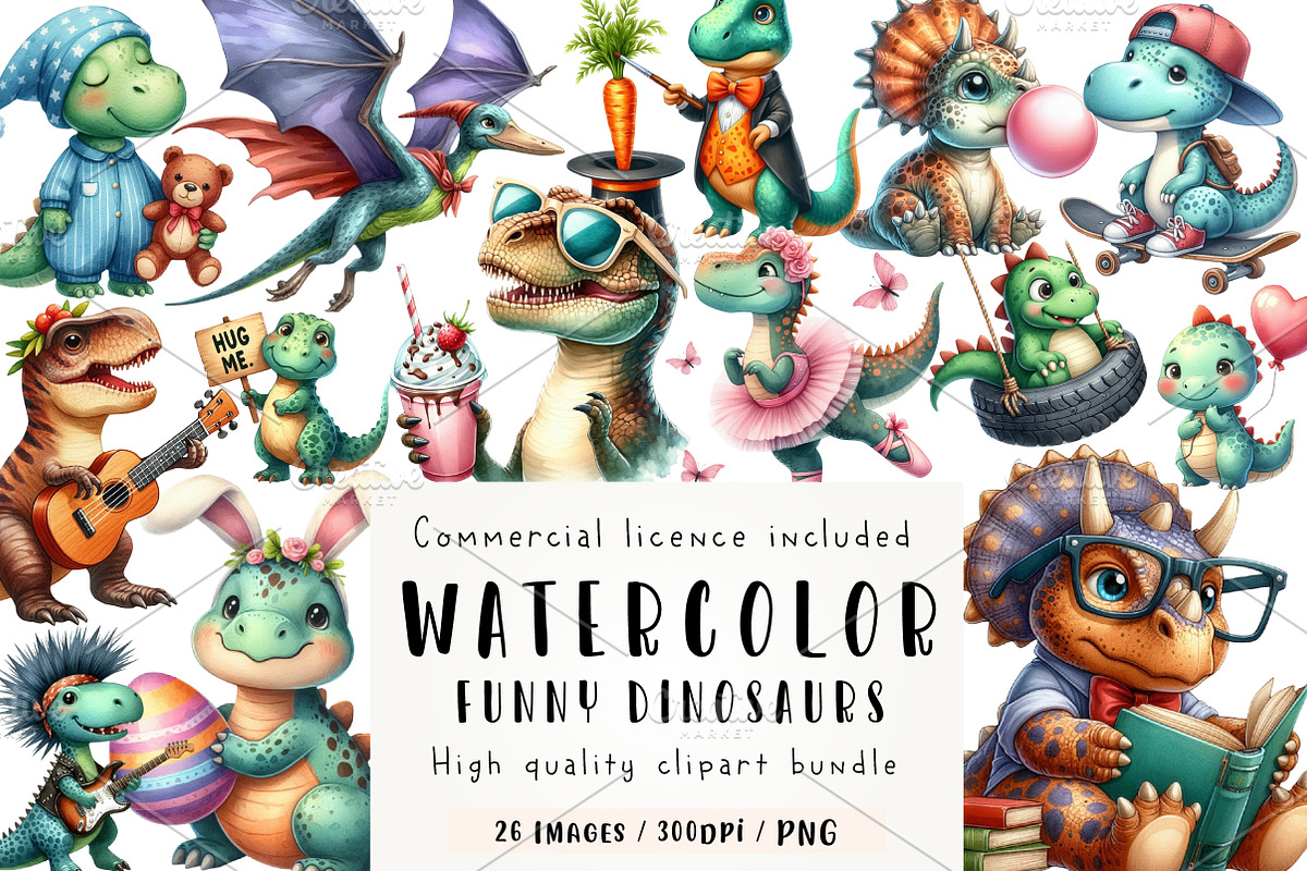 Watercolor Funny Dinosaurs Clipart, an Illustration by CreationArt (Photo 1 of 5)