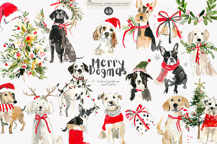 watercolor clipart Christmas dog set, a Decorative Illustration by Patishop Art