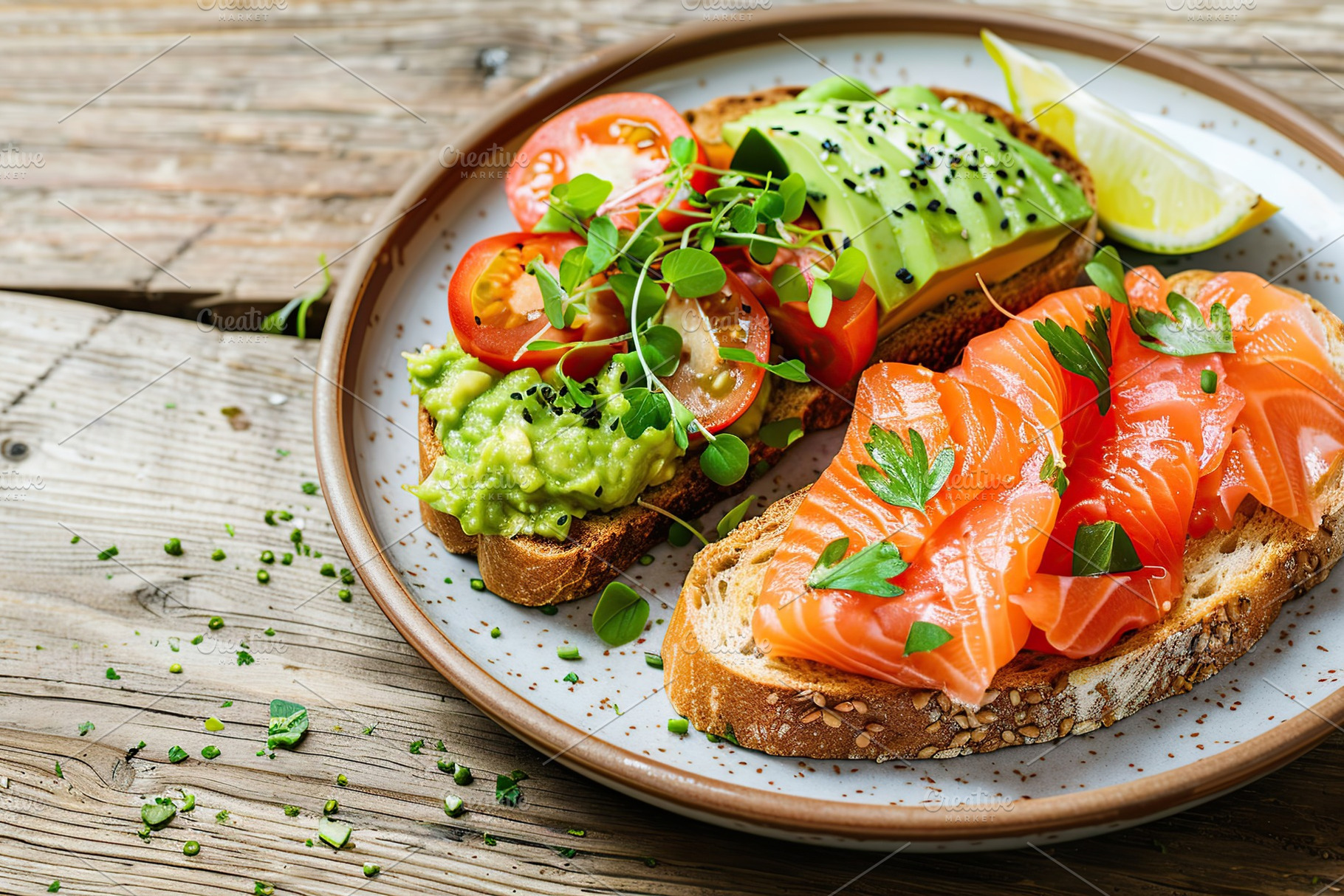 Toast bread with salted salmon and guacamole avocado in plate on wooden table, a Food & Drink Photo by AlyaAnd
