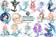 Watercolor Cute Mermaid Clipart PNG, an Illustration by Canvas Craft (Thumbnail 1 of 3)