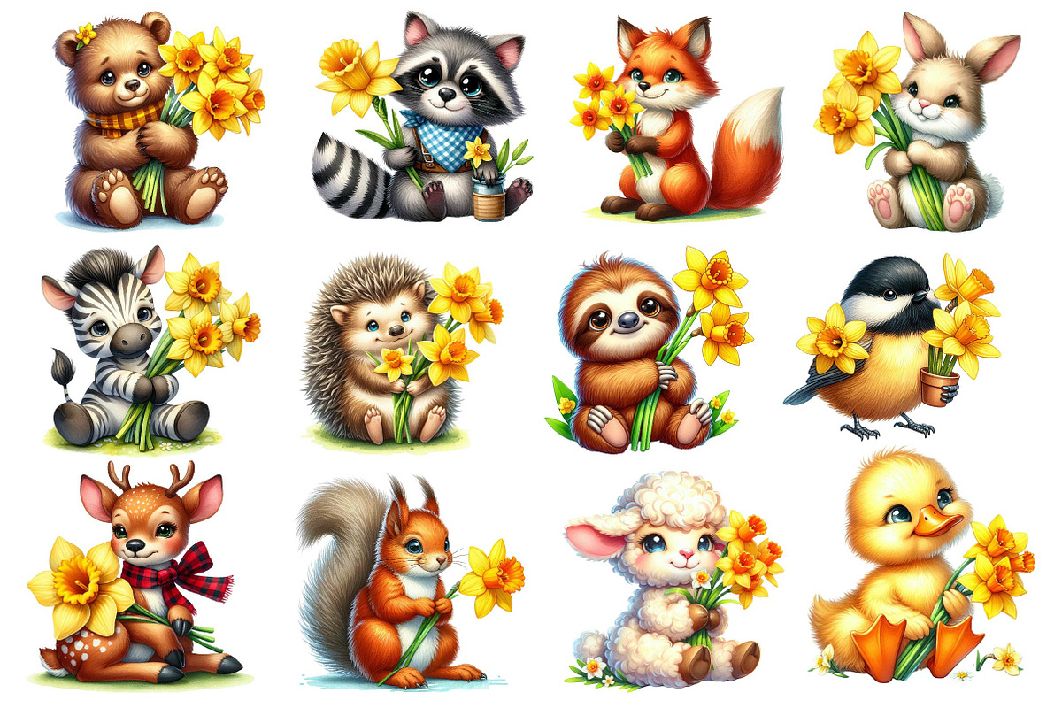 Cute Animals with Daffodils Flowers, an Illustration by Dream Creation (Photo 4 of 4)