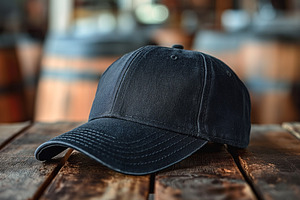 A dark navy cap resting on a rustic wooden table, surrounded by barrel backgrou, a Background Photo by ImageMir