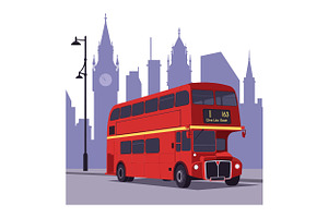 Iconic red double-decker bus in flat, an Illustration by designvectx