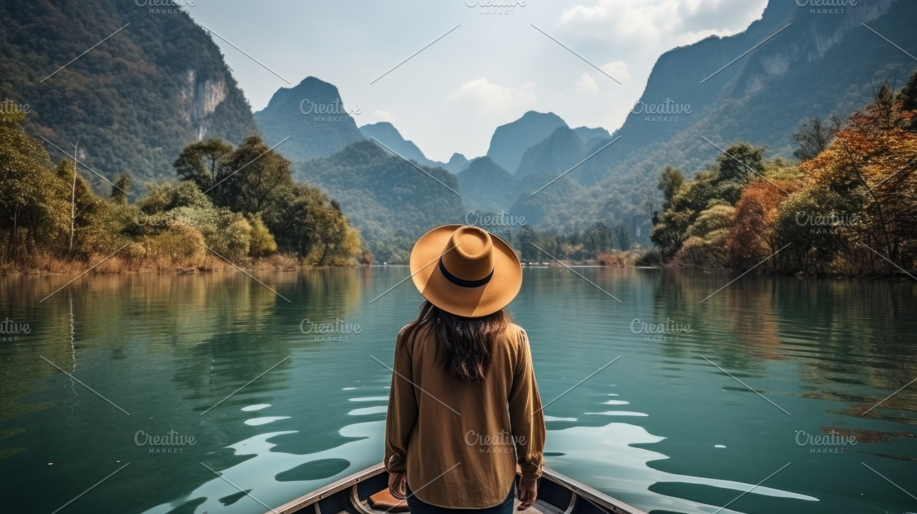 Tourist woman sitting on a boat in the river and enjoying nature, a Person Photo by AS photostudio