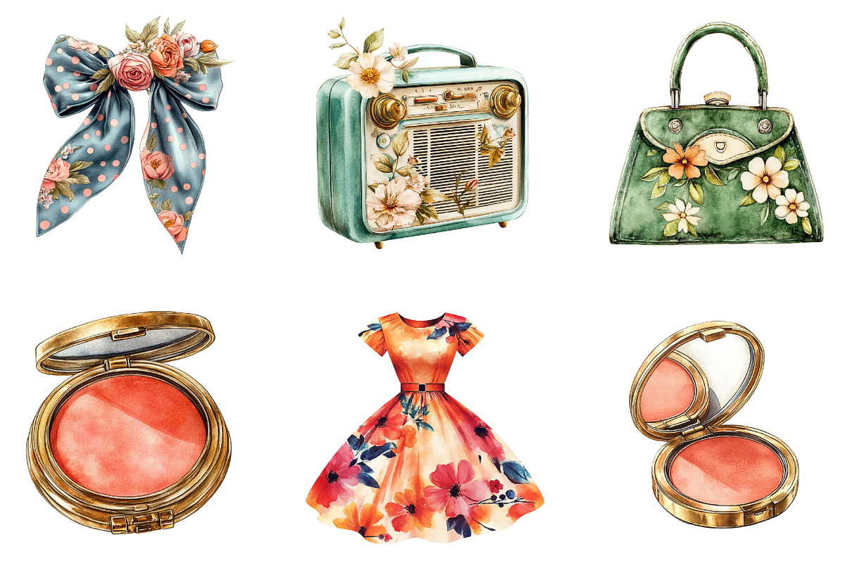 Watercolor 60s Teen Era Clipart, a Seasonal Illustration by Designking (Photo 4 of 5)
