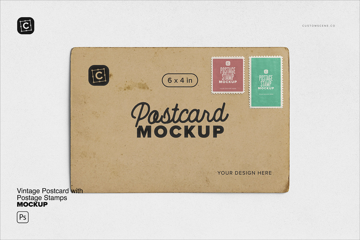 Vintage Postcard with Postage Stamps, an Advertising Mockup by Custom Scene (Photo 3 of 11)