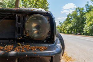 Close-up of a broken headlight on an old car covered in dry blos, a Transportation Photo by Ales Munt